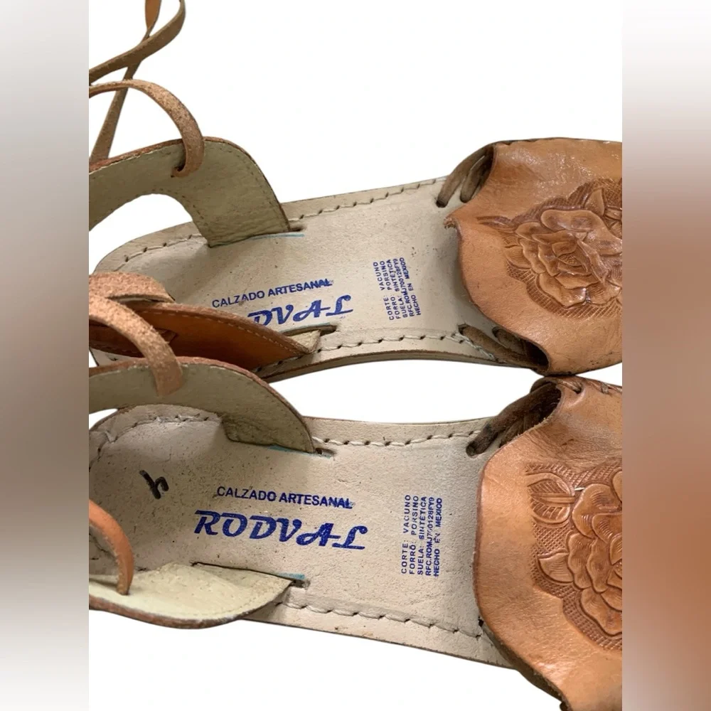 Tan Leather Sandals with Floral Tooled Embroidery and Ankle Straps